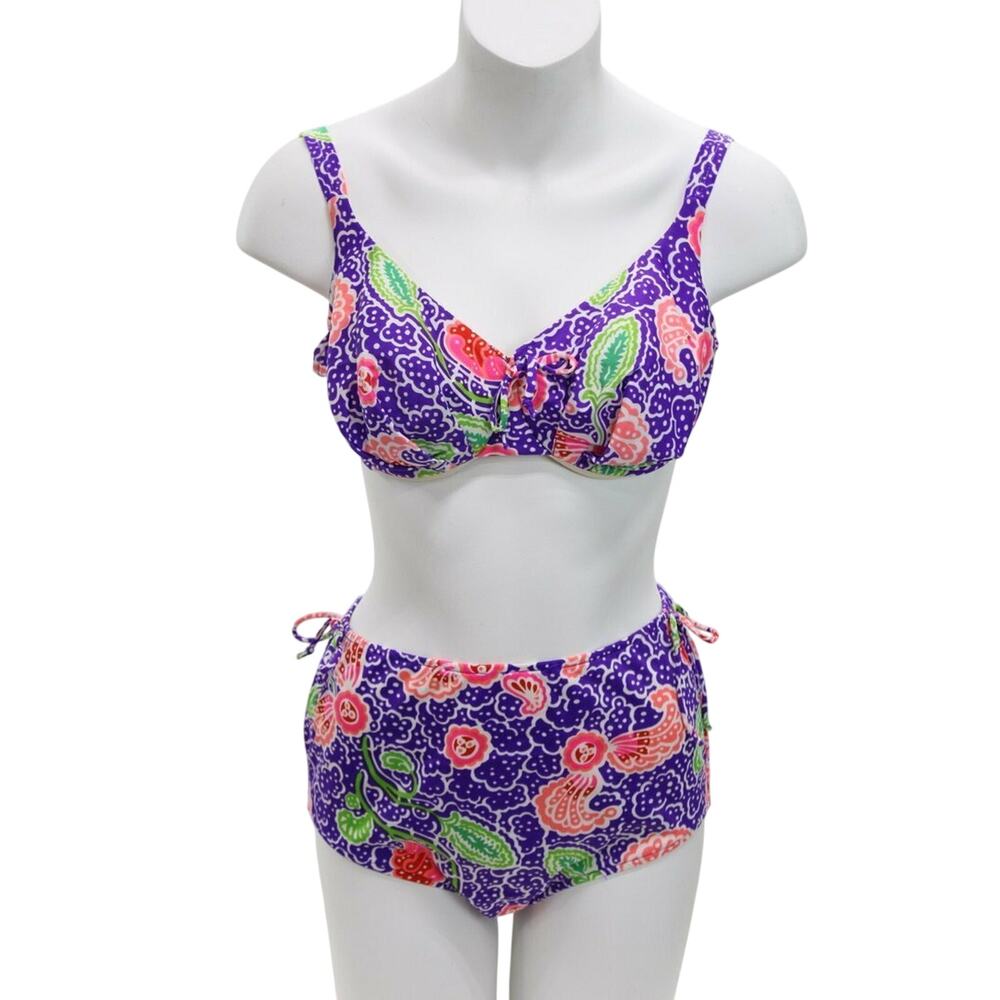 Vintage 1970s Bali Two Piece Bikini bathing swim suit Pink Purple Floral L 34D